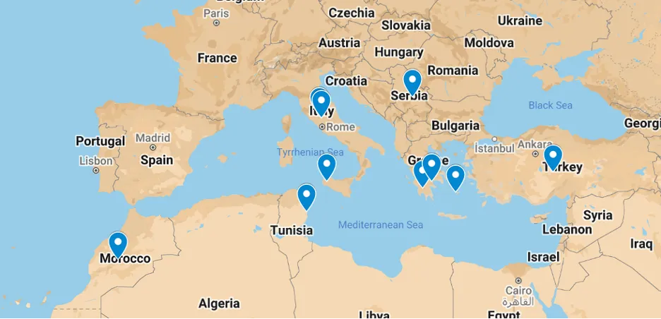 map with markers for research locations in the Mediterranean