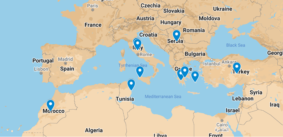 map with markers for research locations in the Mediterranean