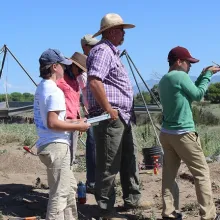 group of four people looking off in the distance at excavation site